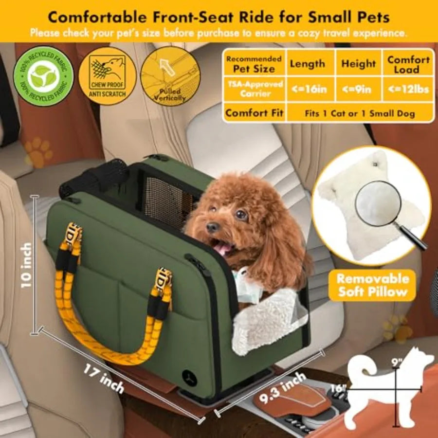 Center Console Dog Car Seat, Enclosed Small Dog Armrest Booster Carseat, Secure Straps andAnti Slip, Portable TSA Approved Pupp