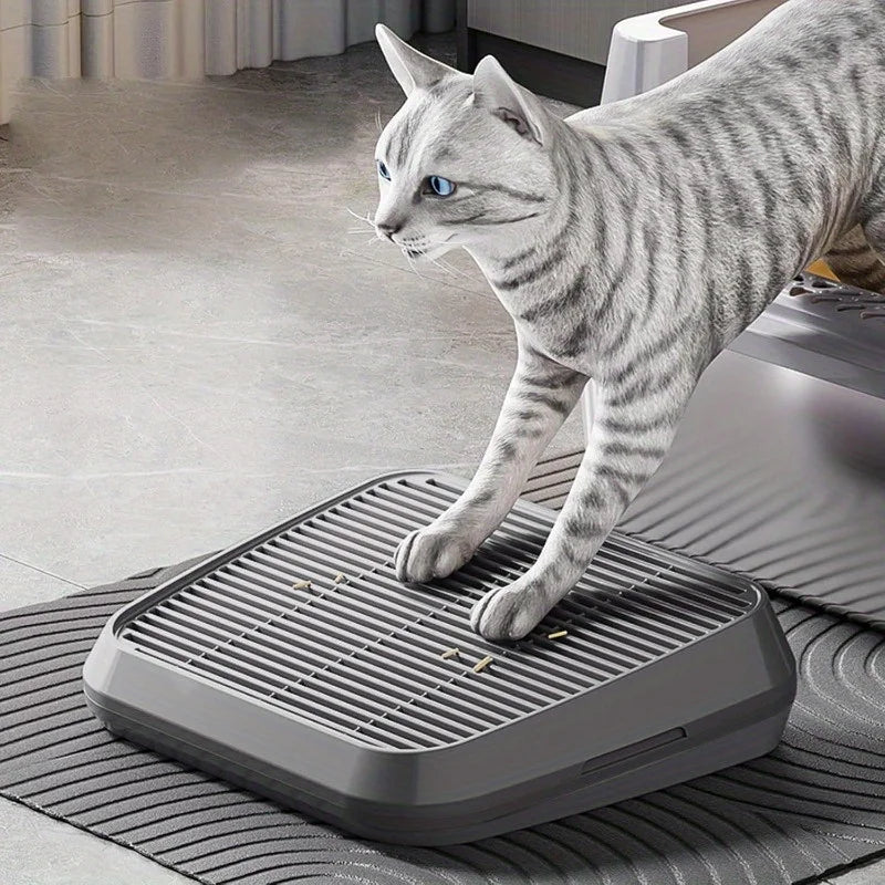 Non-Slip Cat Litter Box Ramp with Washable Trapping Grids & Double Layer Mat - Sturdy ABS Plastic Pet Steps with Anti-Leakage De