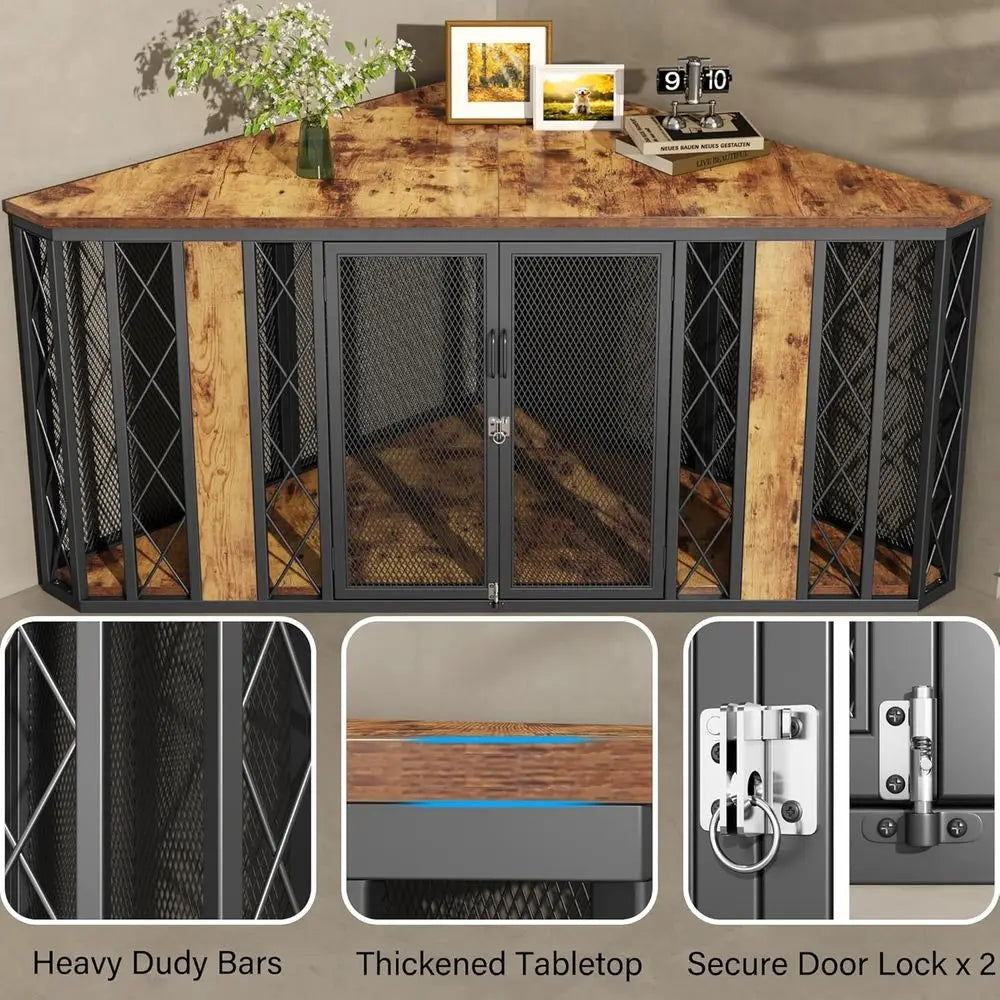 67" Corner Wooden Dog Crate Furniture with Diamond Metal Decoration, Pet Kennel for Small, Medium and Large Dogs, Space-Saving D