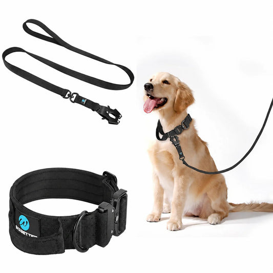 Leash Tactical Dog Collar, Military Adjustable Durable Training Nylon Shepard Metal Buckle Pet Large Dog Harness Set Pet Dog
