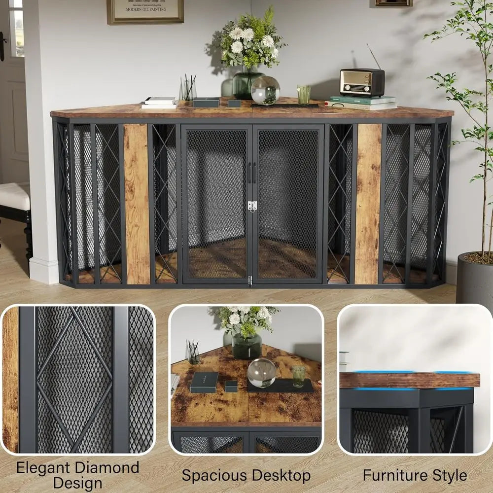 67" Corner Wooden Dog Crate Furniture with Diamond Metal Decoration, Pet Kennel for Small, Medium and Large Dogs, Space-Saving D