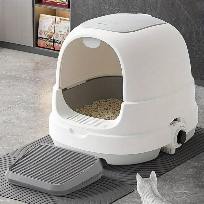 Non-Slip Cat Litter Box Ramp with Washable Trapping Grids & Double Layer Mat - Sturdy ABS Plastic Pet Steps with Anti-Leakage De